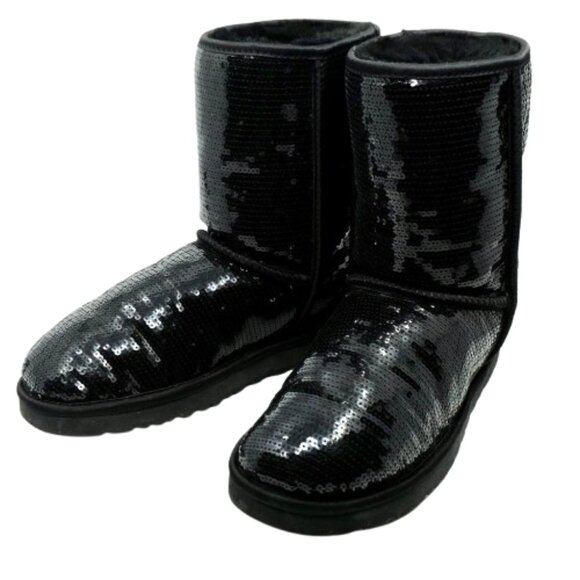 UGG Classic Short Sheepskin Shearling Women's Boots BLACK SEQUIN Size 8 NWOT